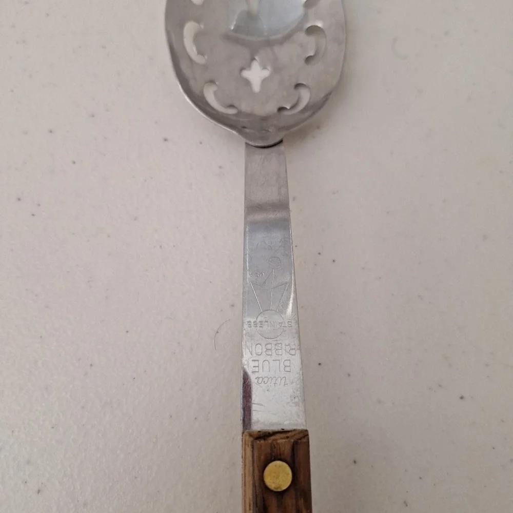 Vintage UTICA Blue Ribbon USA Forge Slotted Spoon Serving Stainless Steel  12